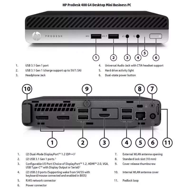 PC de secretária HP ProDesk 400 G4 SFF recondicionado - Intel Core i3-8100T, 8GB RAM, 128GB SSD, Intel UHD Graphics 630, Windows 11 Pro