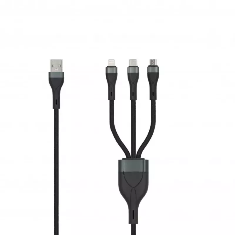 SEEK TOTI USB-A para Micro-USB / USB-C / Lightning cabo entrançado 1,5m 2A (Non-MFI) preto
