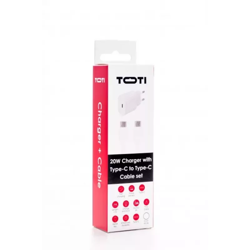 SEEK TOTI Carregador de parede 20W Type-C PD com cabo Type-C para Type-C, 1 m PVC 3A, branco
