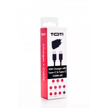 SEEK TOTI Carregador de parede 20W Type-C PD com cabo Type-C para Type-C, 1 m PVC 3A, preto