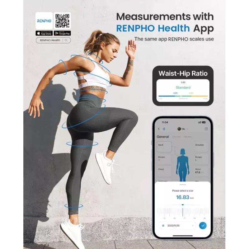 Fita métrica inteligente RENPHO - fita de medição corporal Bluetooth para IMC, cintura, ancas, braço, perna, peito - retrátil automaticamente, ecrã LCD, compatível com a app Renpho Health, Apple Health, Google Fit, Samsung Health - preto
