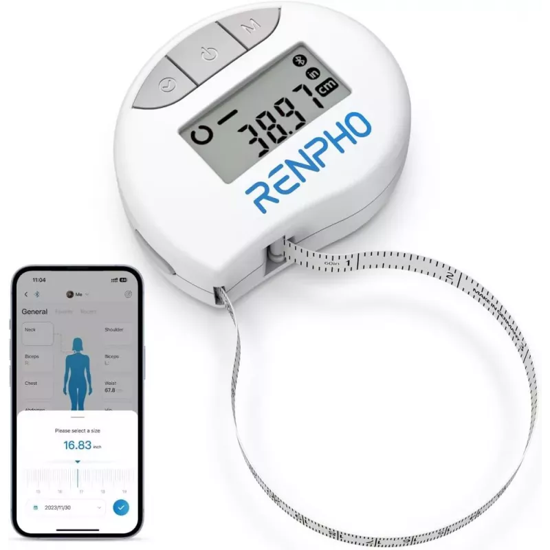 Fita métrica inteligente RENPHO - fita de medição corporal Bluetooth para IMC, cintura, ancas, braço, perna, peito - retrátil automaticamente, ecrã LCD, compatível com a app Renpho Health, Apple Health, Google Fit, Samsung Health - preto