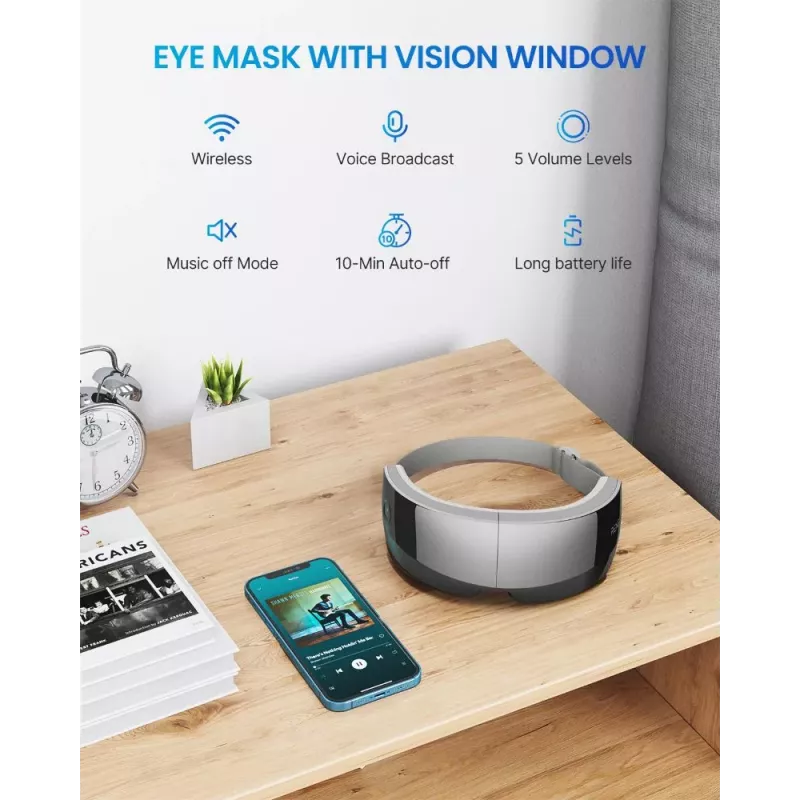 RENPHO Eyeris View massajador de olhos com calor, compressão, vibração, Bluetooth, USB-C, dobrável, cinzento