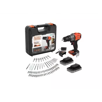 Berbequim de percussão com bateria BLACK & DECKER 18V com 2 baterias de 2,0 Ah, carregador e 80 acessórios