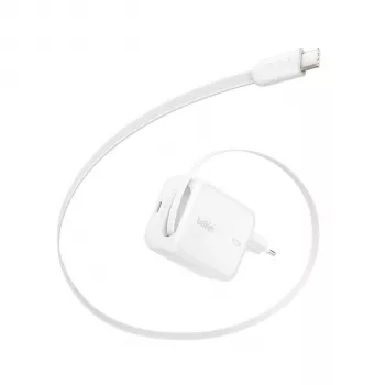 Carregador de parede Belkin BOOST CHARGE Pro 67W Dual GaN com cabo USB-C retrátil, branco