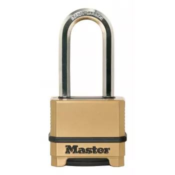 Cadeado de combinação Master Lock 175EURDLH reconfigurável de 4 dígitos, corpo maciço em zinco, arco longo em aço temperado, largura do corpo 50 mm, diâmetro do arco 8 mm, folga vertical 63 mm, folga horizontal 24 mm, uso interior/exterior