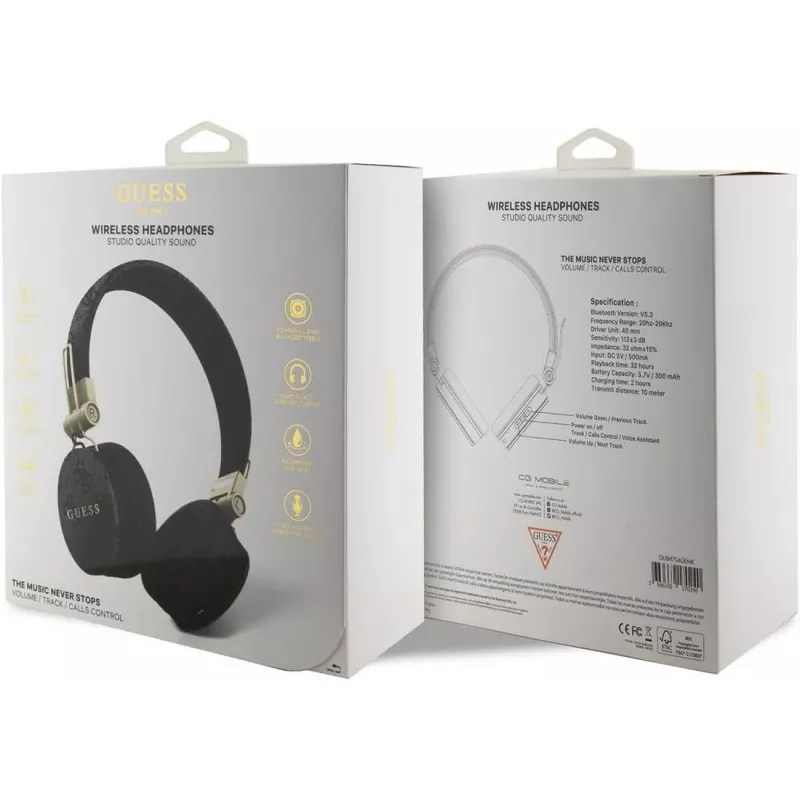 Auscultadores Bluetooth over-ear GUESS GUBH704GEMK, pretos, logótipo metálico 4G