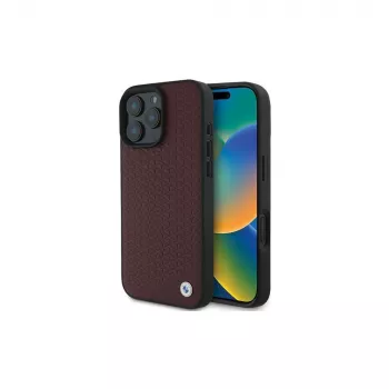 Capa rígida BMW para iPhone 16 Pro Max vermelha Sign Leather Diamond Metal Logo MagSafe