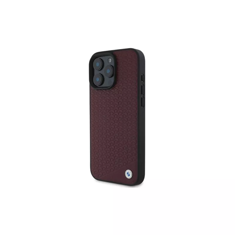 Capa rígida BMW para iPhone 16 Pro Max vermelha Sign Leather Diamond Metal Logo MagSafe