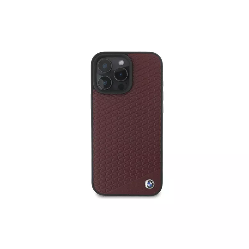 Capa rígida BMW para iPhone 16 Pro Max vermelha Sign Leather Diamond Metal Logo MagSafe