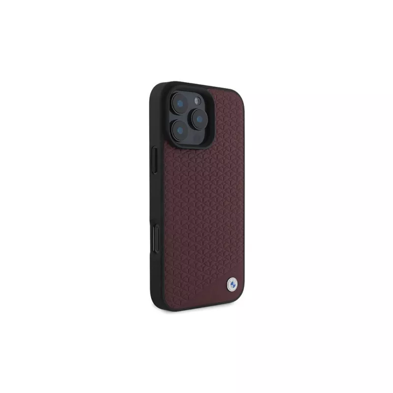 Capa rígida BMW para iPhone 16 Pro Max vermelha Sign Leather Diamond Metal Logo MagSafe