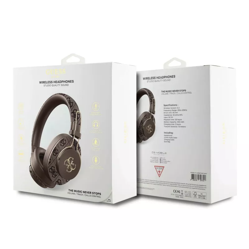 Auscultadores Bluetooth sem fios GUESS logótipo metálico 4G castanhos GUBHS72P4FC4MW