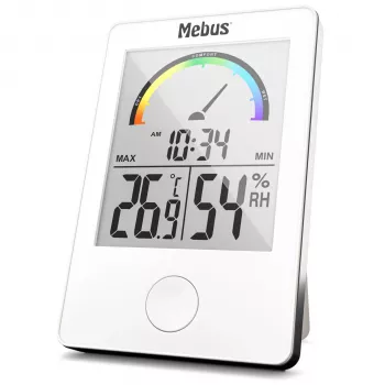 MEBUS 11130 Termo-higrómetro Branco - Monitor digital de temperatura e humidade com ecrã LCD