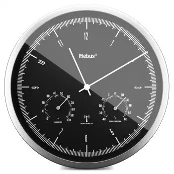 MEBUS 19777 Relógio de parede com radiofrequência com termo-higrómetro, Prateado/Branco, 30 cm