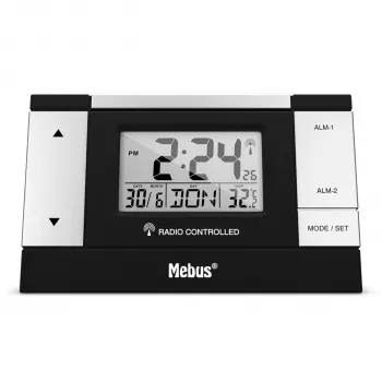 MEBUS 51059 Despertador digital - Preto/Prateado - Ecrã LCD - 12/24h - Bateria - Micro-USB