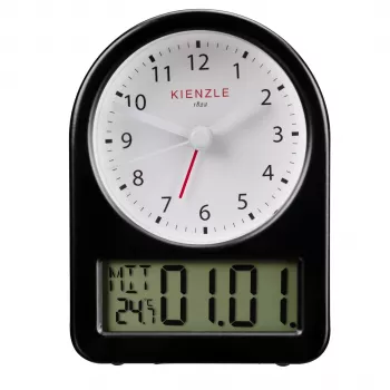 Despertador retro KIENZLE (14985) - Caixa de metal preta, mostrador branco, ponteiros luminosos