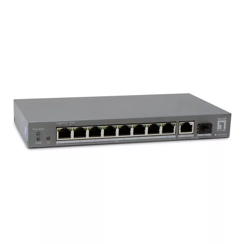 LevelOne switch PoE+ 8xGE PoE/1xGE/1xSFP 120W não gerido plástico