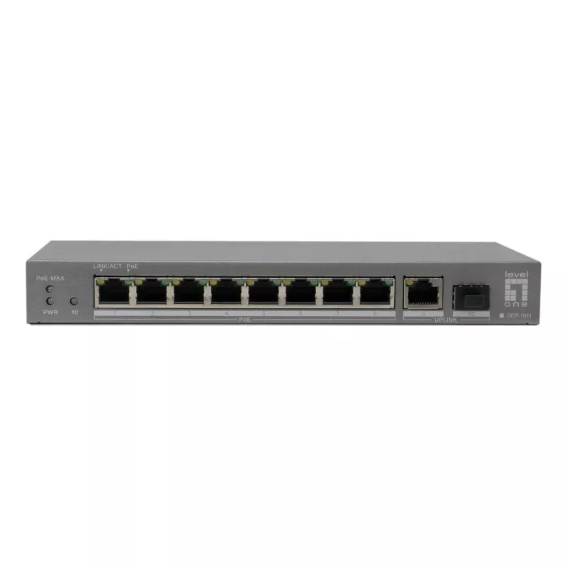 LevelOne switch PoE+ 8xGE PoE/1xGE/1xSFP 120W não gerido plástico