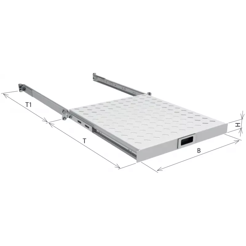 Prateleira extraível EFB 19 polegadas 1U, profundidade 550-650 mm, capacidade de carga 30 kg, RAL7035 cinzento claro