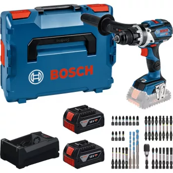 Conjunto de berbequim aparafusador com bateria Bosch Professional 18V 2x5,0 Ah Li-Ion 110 Nm sem escovas com carregador e conjunto de pontas em mala MetaLoc II