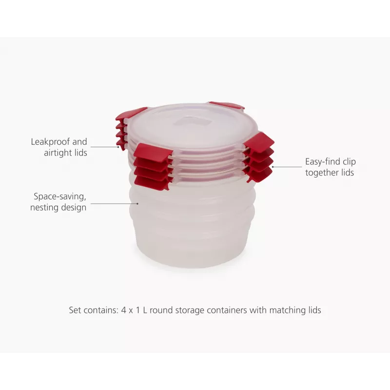 Conjunto de 4 recipientes redondos para alimentos de 1L Joseph Joseph Nest Lock vermelhos