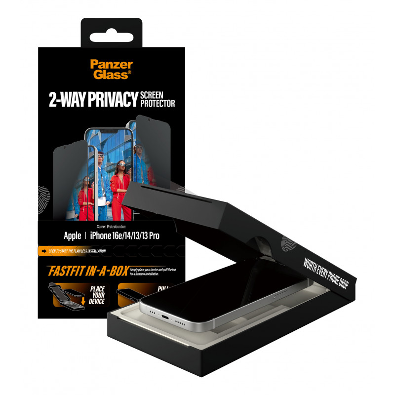 Protetor de ecrã com privacidade 2 vias PanzerGlass para iPhone 17e/16e/14/13/13 Pro, Ultra-Wide Fit com FastFit In-A-Box (PG02105)