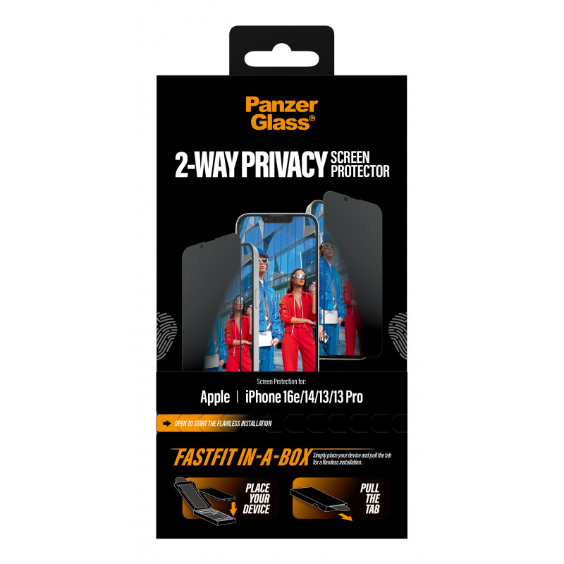 Protetor de ecrã com privacidade 2 vias PanzerGlass para iPhone 17e/16e/14/13/13 Pro, Ultra-Wide Fit com FastFit In-A-Box (PG02105)