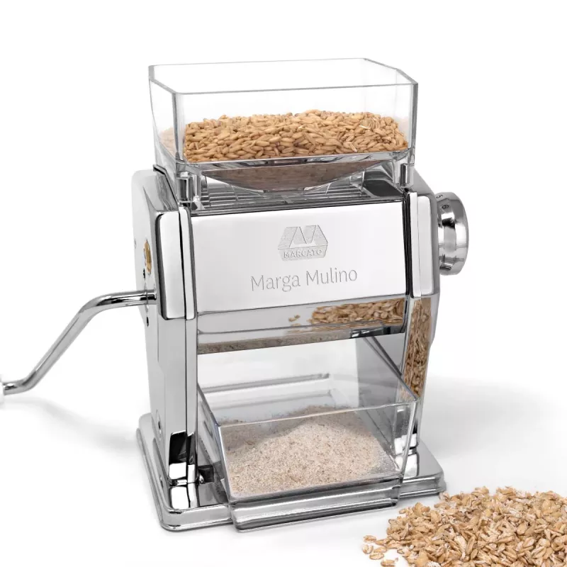 Moinho manual de cereais Marcato MARGA MULINO com 3 rolos de aço, corpo em aço cromado, 6 níveis ajustáveis, grampo de mesa, tremonha de 150g, Itália