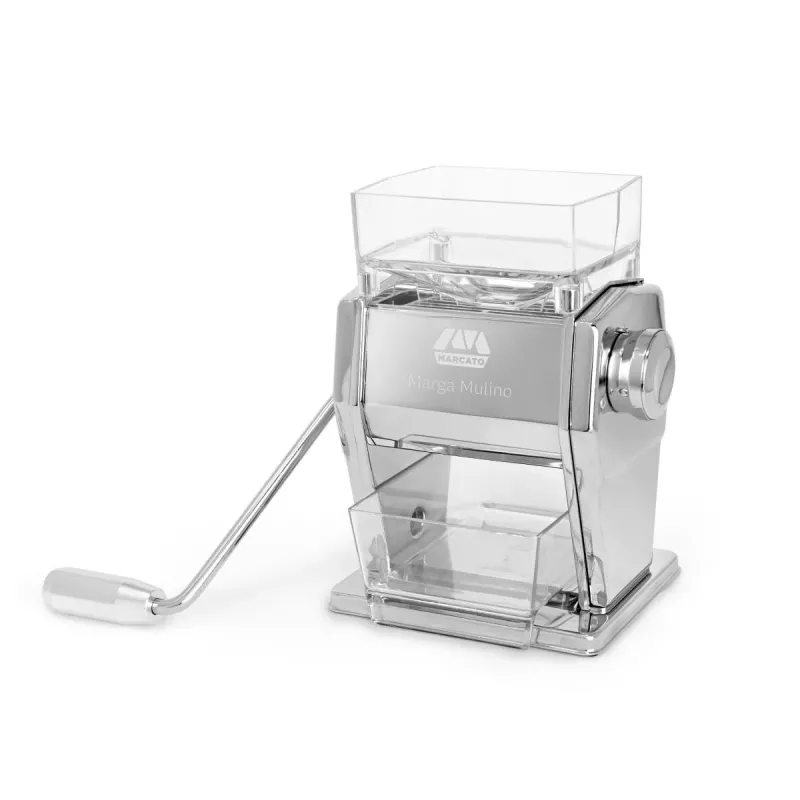 Moinho manual de cereais Marcato MARGA MULINO com 3 rolos de aço, corpo em aço cromado, 6 níveis ajustáveis, grampo de mesa, tremonha de 150g, Itália