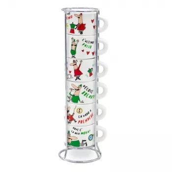 Conjunto de 6 chávenas de café Bialetti Italia 80 ml branco com suporte metálico cromado TAZZ202