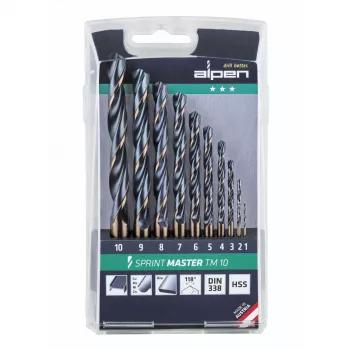 Conjunto de 10 brocas ALPEN-MAYKESTAG Alpen Sprint Master TM 10 1-10x, 10 peças, HSS-G, 1-10 mm, caixa metálica