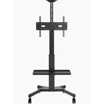 Suporte de chão móvel para ecrã Vision VFM-F26W – Ajuste de altura por uma pessoa – Suporte de aço compatível com ecrãs de 55-100 polegadas com VESA até 800x600 – Ajuste de altura por manivela – Ajuste de inclinação – Grande prateleira para portátil ou videobar incluída