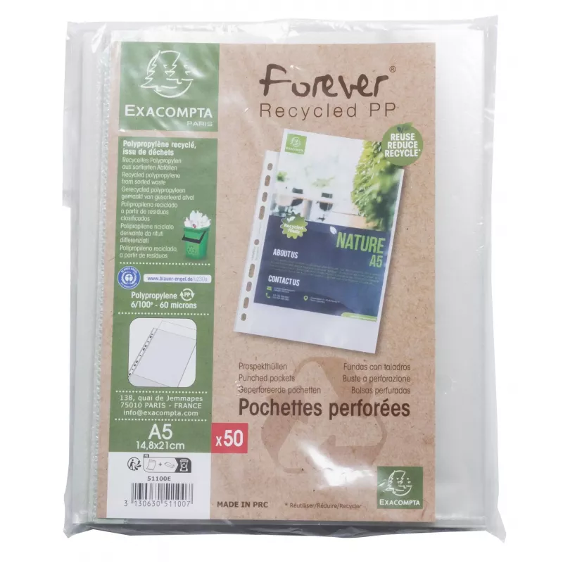 Exacompta Forever capas perfuradas A5 pack de 50 transparente gofrado 0,06 mm