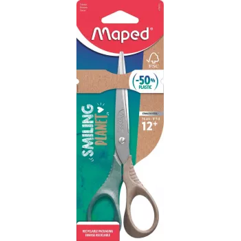 Tesoura Maped Smiling Planet 160 mm, ponta redonda, para destros, punhos ergonómicos 3D