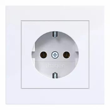 Hager WAS1120WG tomada SCHUKO com tampa basculante, linha de design A.1, branco-luz brilhante, IP44, 16A, 250V, conetores sem parafusos