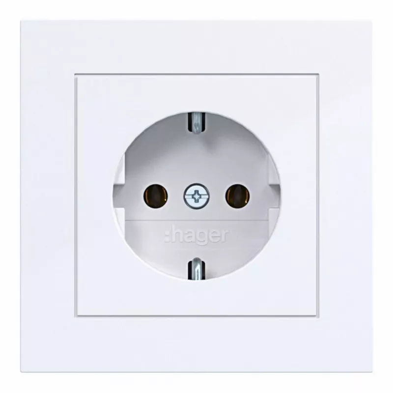 Hager WAS1120WG tomada SCHUKO com tampa basculante, linha de design A.1, branco-luz brilhante, IP44, 16A, 250V, conetores sem parafusos