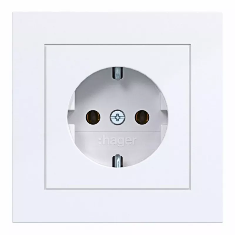 Hager WAS1120WG tomada SCHUKO com tampa basculante, linha de design A.1, branco-luz brilhante, IP44, 16A, 250V, conetores sem parafusos