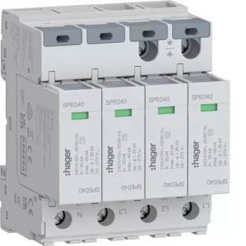 Hager dispositivo de proteção contra sobretensões 4P SPE440S Type 2 TNS Uc 275V In 20kA Imax 40kA