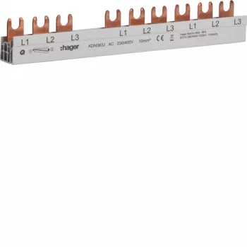 Hager KDN363J barra coletora de fases 3 polos com terminal de garfo 10mm² 63A 10 módulos