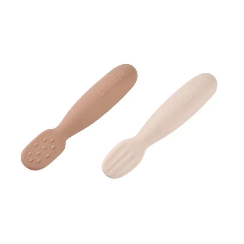 Conjunto de 2 primeiras colheres e mordedores de silicone Beaba Praline/Clay