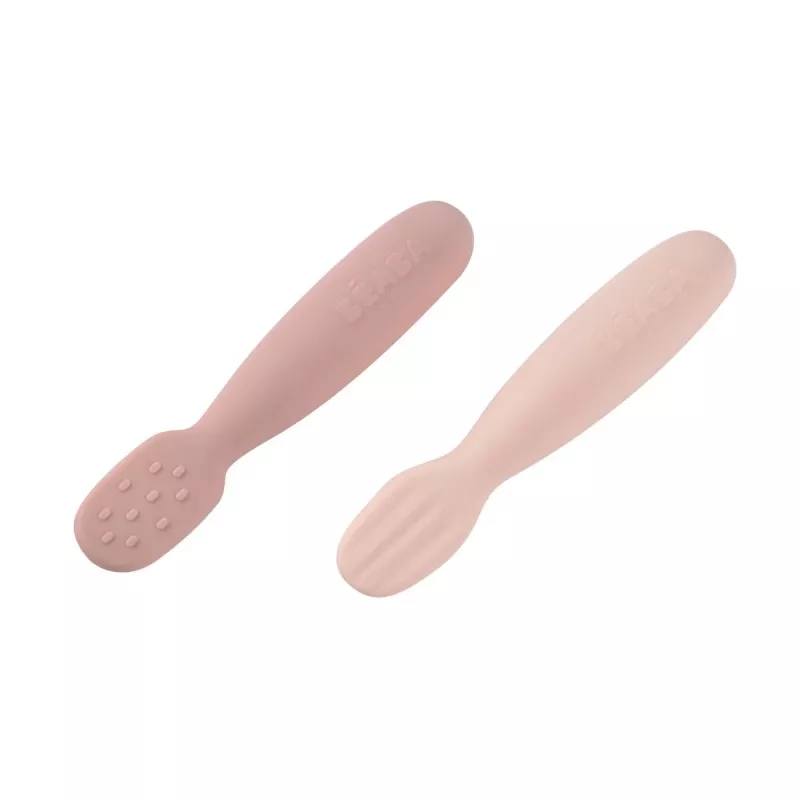 Conjunto de 2 primeiras colheres e mordedores de silicone Beaba Cotton Candy/Sorbet