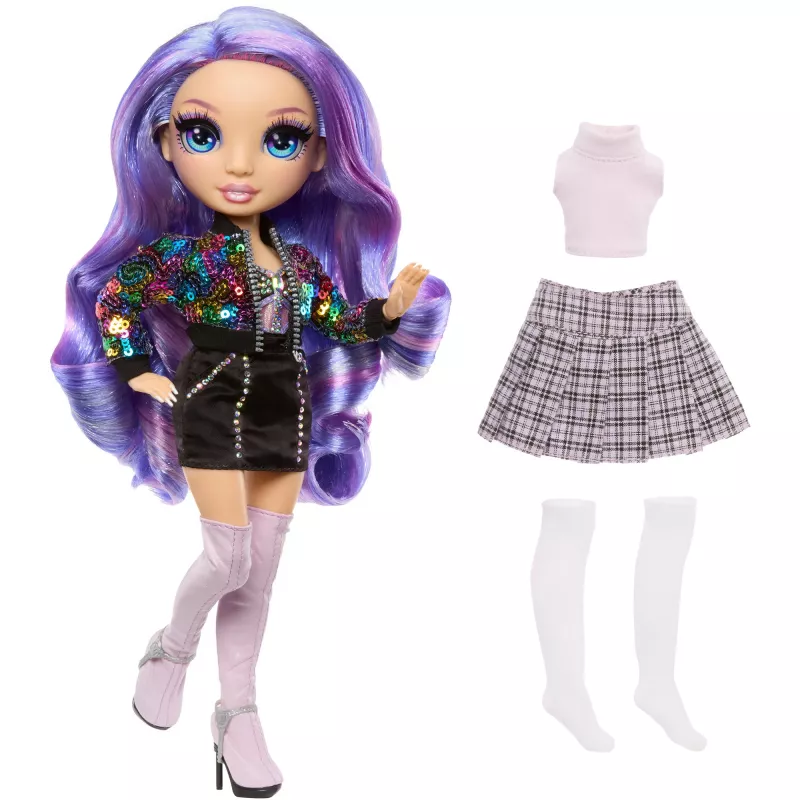 Boneca de moda MGA Rainbow High Violet Willow com 2 conjuntos e acessórios