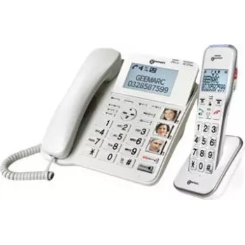 Geemarc DECT595 COMBI Telefone com fio para seniores com atendedor de chamadas, alta-voz, sinalização ótica de chamada, compatível com aparelhos auditivos, inclui emissor de emergência (DECT595_COMBI_WH_VDE)