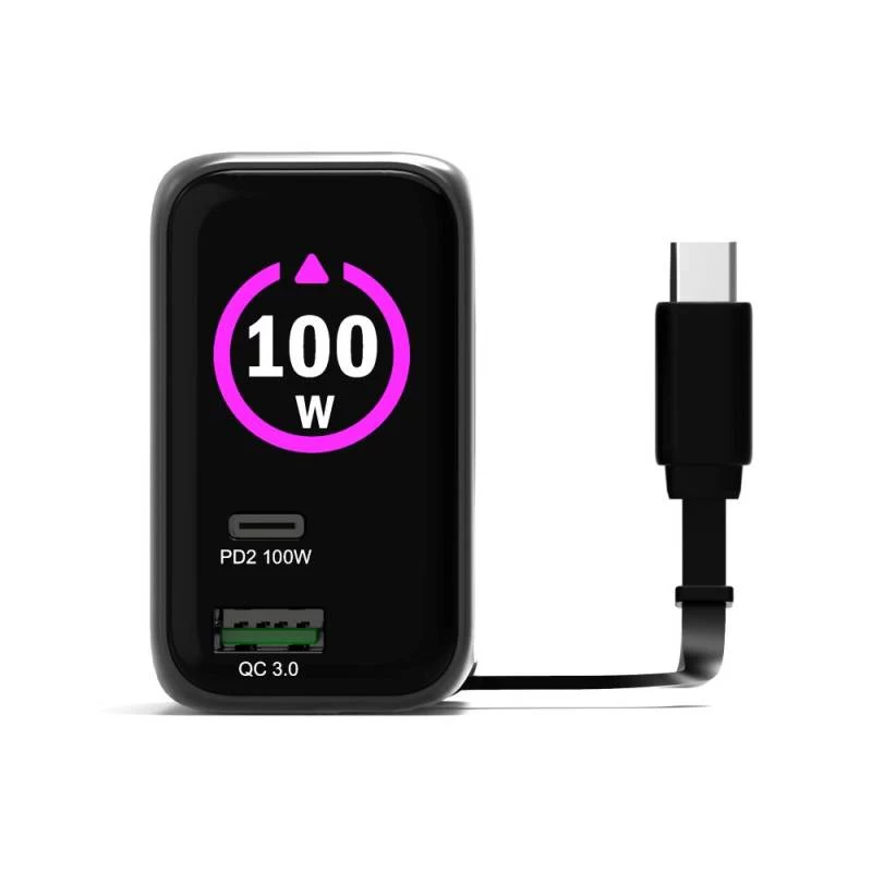 PORT Designs carregador de parede Type C PD 100W GaN OLED PD 3.0 cabo Type C retrátil - EU