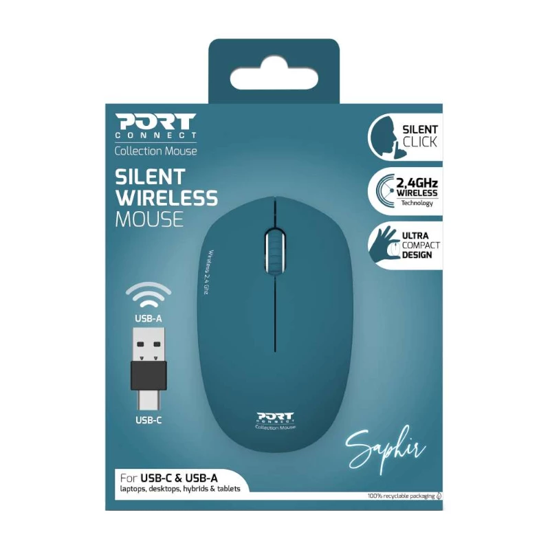 PORT Designs 900545 Rato ótico sem fios RF ambidestro 1600 DPI Azul