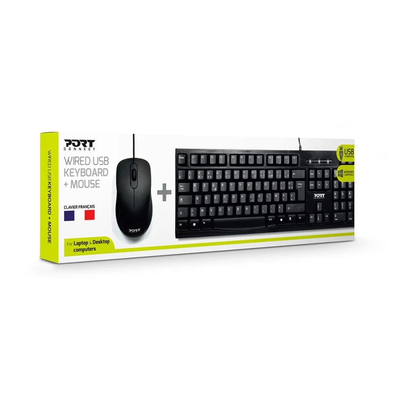 PORT Designs 900900 Conjunto de teclado e rato com fios tamanho completo, layout AZERTY, preto