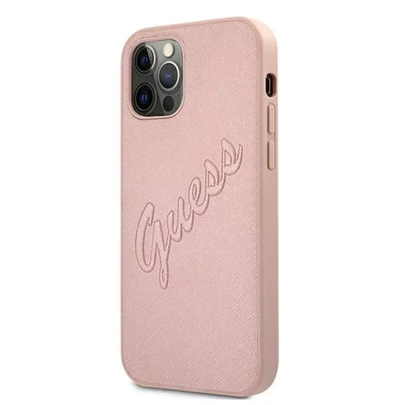 Capa Rígida Guess GUHCP12LRSAVSRG Saffiano Vintage Script para Apple iPhone 12 Pro Max, Rosa