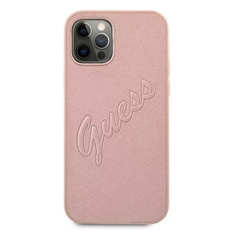 Capa Rígida Guess GUHCP12LRSAVSRG Saffiano Vintage Script para Apple iPhone 12 Pro Max, Rosa