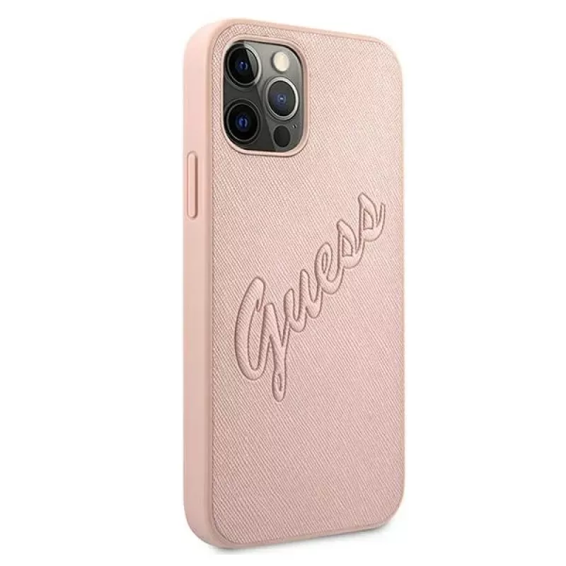 Capa Rígida Guess GUHCP12LRSAVSRG Saffiano Vintage Script para Apple iPhone 12 Pro Max, Rosa
