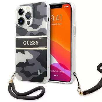 Guess GUHCP13XKCABBK iPhone 13 Pro Max Capa rígida Camo Strap Collection Preta